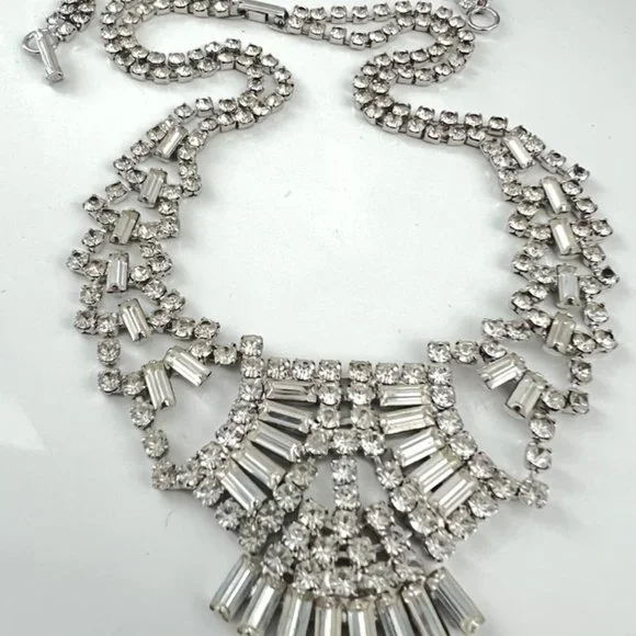 Vintage Icy Crystal Rhinestone Parure Set Necklace Bracelet Earrings Prom Bridal